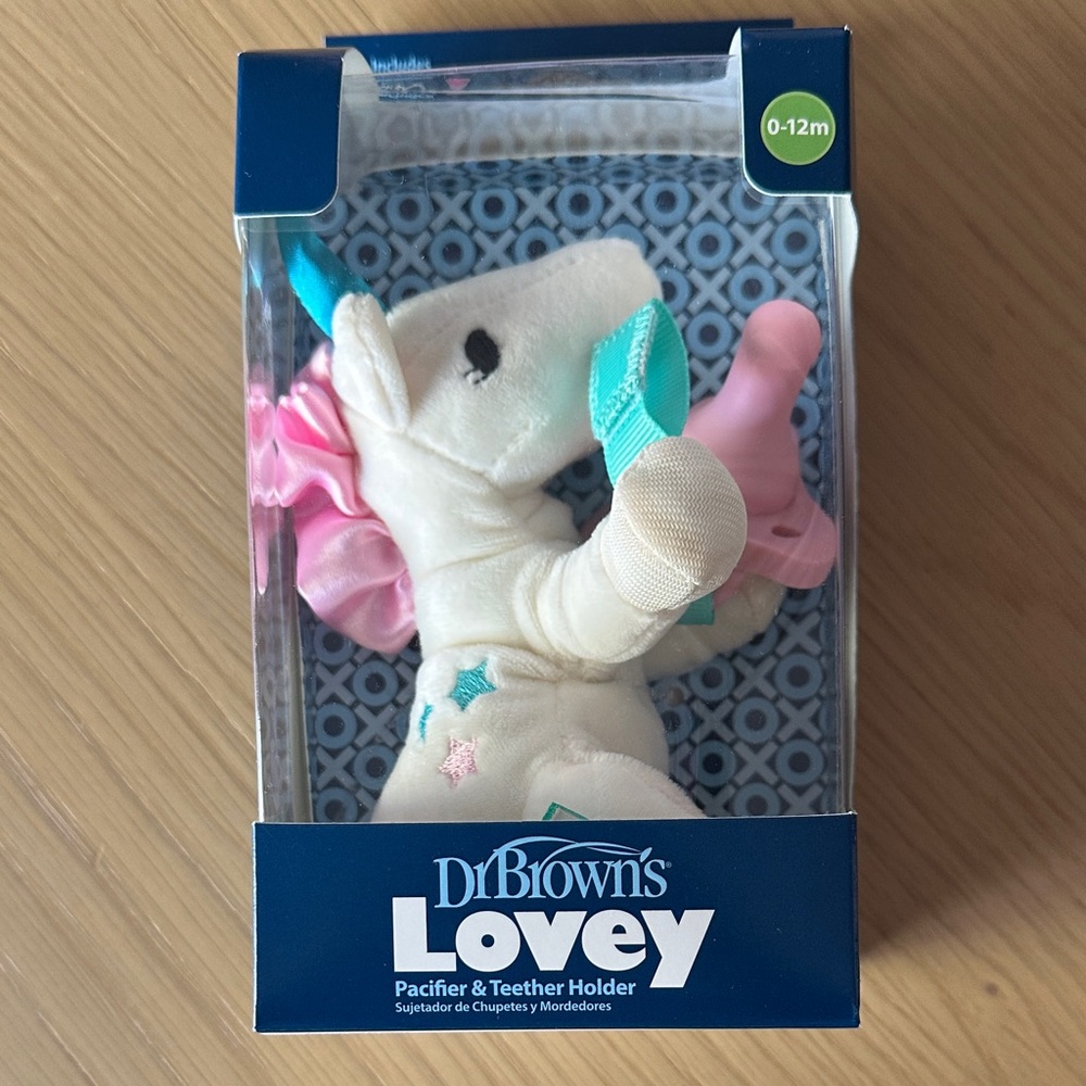 Dr. Brown's Lovey Unicorn Pacifier & Teether Holder - White and Pink
